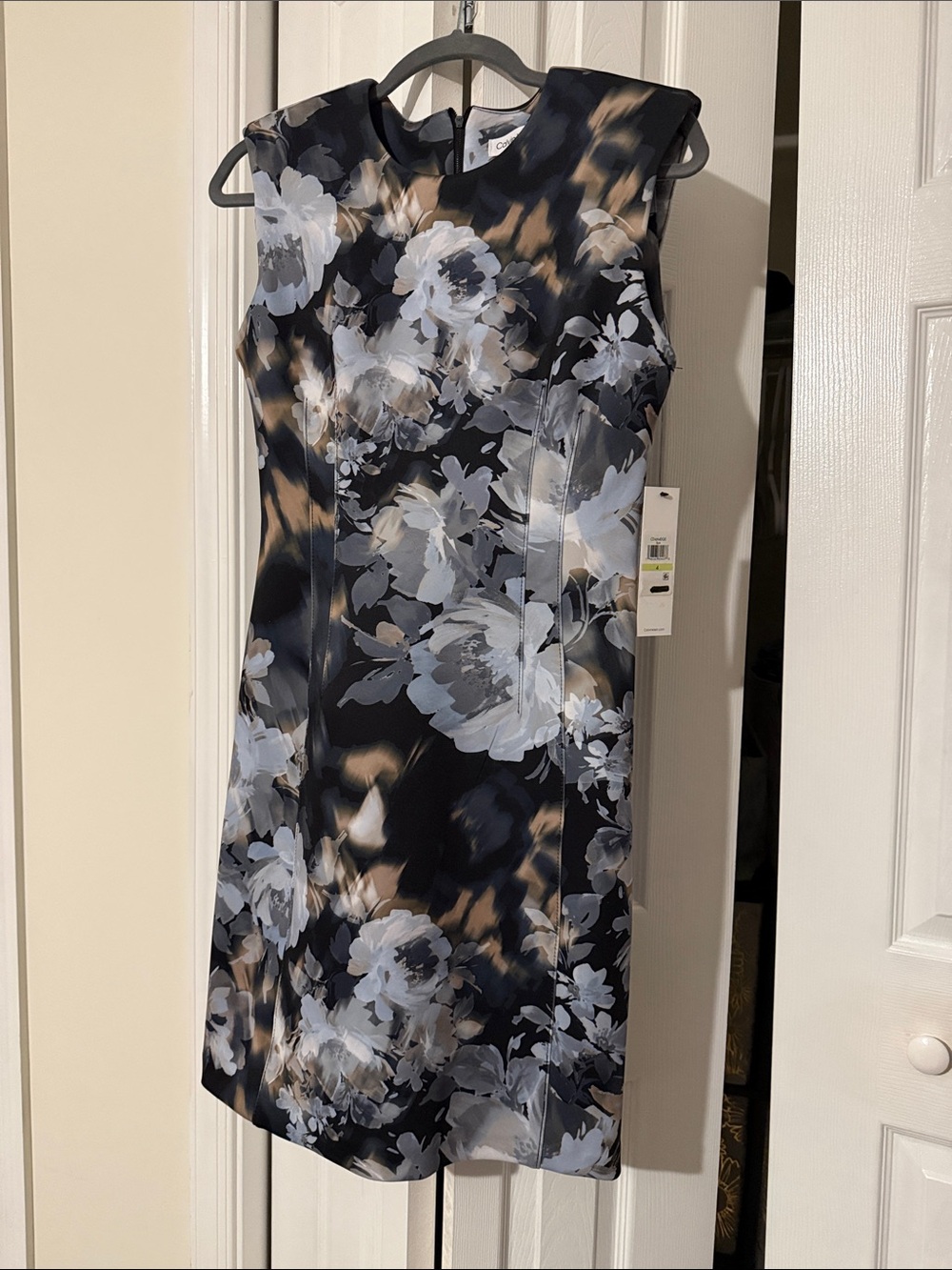Calvin Klein Black Floral Midi Dress with Gray and Tan Accents